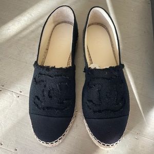 Chanel black linen espadrilles flats double sole RARE sz 38